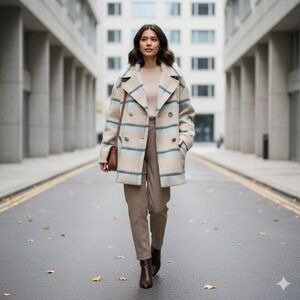 Ellen Tracy Women's Cream Black Oversized Double-Breasted Plaid Pea Coat Size L